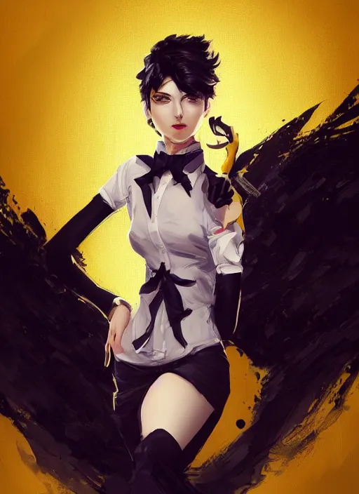 Image similar to a highly detailed illustration of beautiful short black messy haired woman wearing eyepatch and noir style suit and tie, yellow eyes, dramatic smiling pose, intricate, elegant, highly detailed, centered, digital painting, artstation, concept art, smooth, sharp focus, league of legends concept art, WLOP