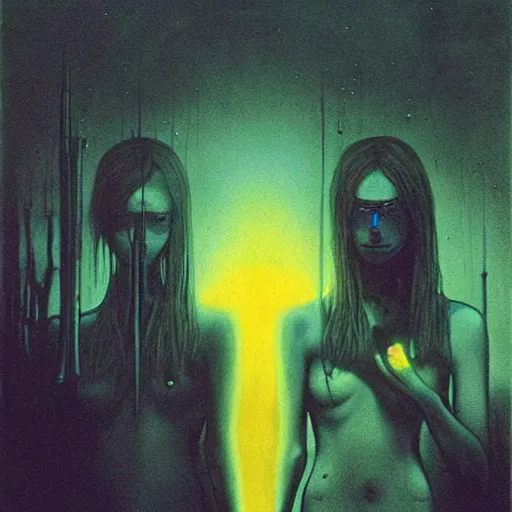 Prompt: charlies angels by beksinski and tristan eaton, dark neon beautiful dystopian holography