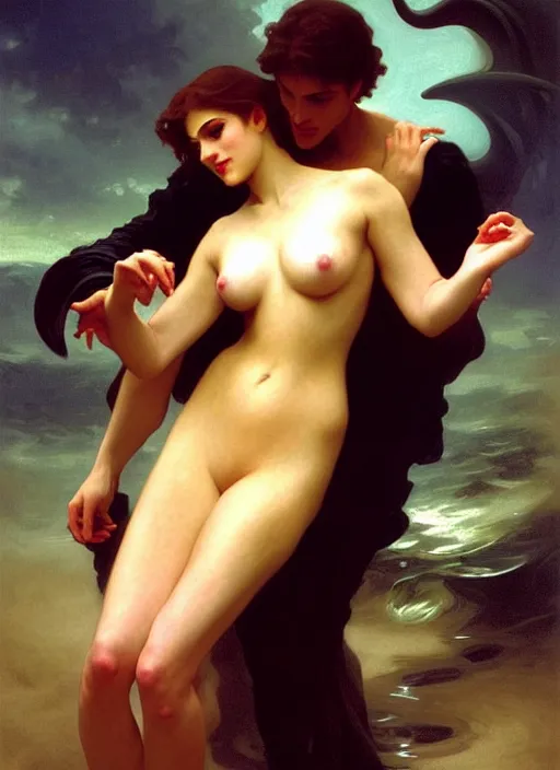 Image similar to mills and boon romance novel cover with cthulhu!! and eva mendes, they are in love, by william - adolphe bouguereau, john singer sargent, digital painting, artstation, concept art, smooth, sharp focus, warm lighting,