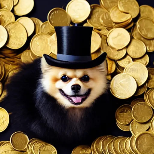 Image similar to A pomeranian wearing a top-hat and a monocle, sitting on top of a large pile of gold coins