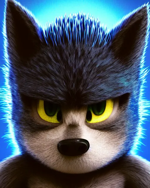 Image similar to prison mugshot of real - life sonic the hedgehog, bright flash, blue fur, dreamworks animation still, low saturation, somber expression, filthy hair, rugged textured face, soft vignette, soft focus, 5 0 mm, 4 k, nypd