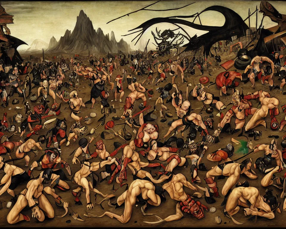 Prompt: goro from mortal kombat art by hieronymus bosh, triumph of death by pieter brueghel