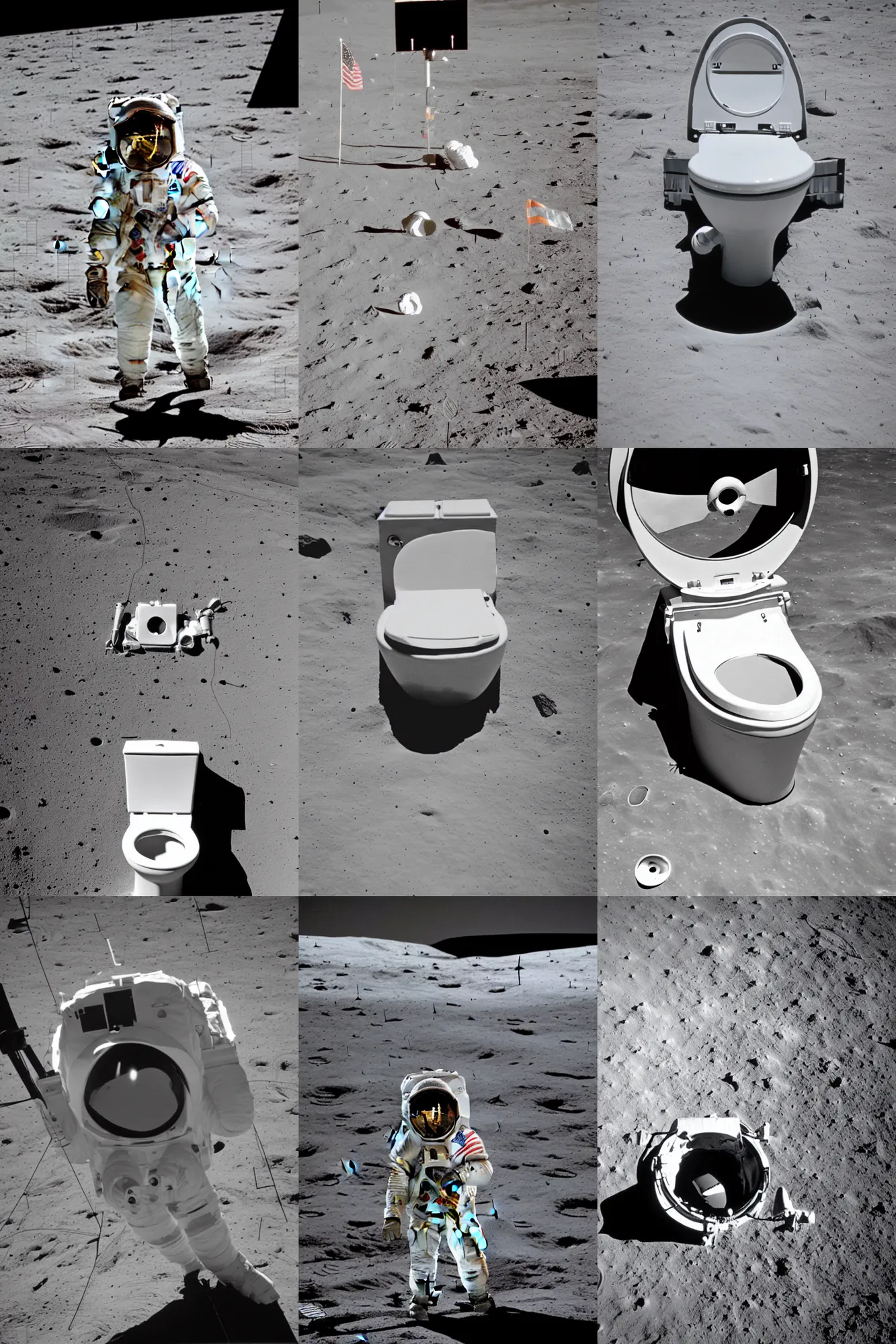 Prompt: a nasa photo of a toilet!!!!!!!!!!!!!! on the moon, 1 9 6 9, emptiness, film photo