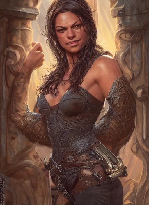 Image similar to muscled Mila Kunis grinning as a ruggedly handsome heroine, intricate, elegant, highly detailed, centered, artstation, concept art, smooth, sharp focus, illustration, bokeh art by artgerm and donato giancola and Joseph Christian Leyendecker, WLOP