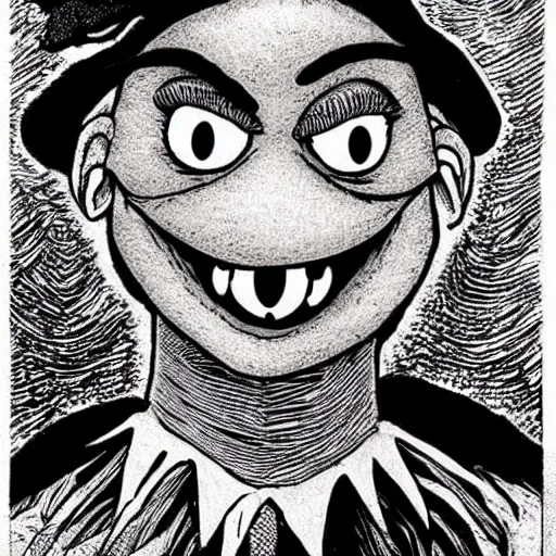 Prompt: Kermit the Frog from Sesame Street as a monster illustrated by Junji Ito