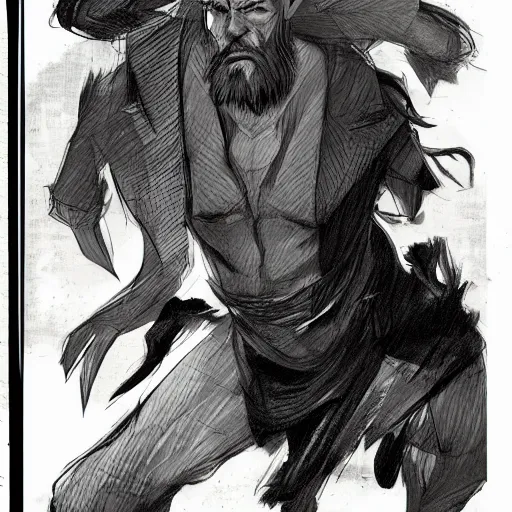 Image similar to concept art character, very high angle view, book cover, very attractive man with beard, highly detailed full body, strong masculine features, sturdy body, command presence, royalty, smooth, sharp focus, organic, appealing, book cover, deep shadows, by Dave McKean sketch lineart for character design