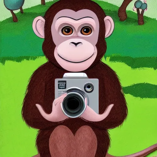 Image similar to Portrait of a monkey holding a camera, in style of dalle 2