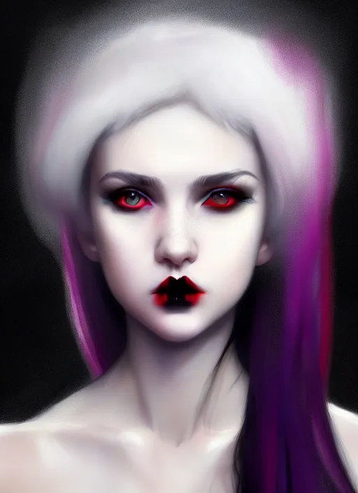 Image similar to portrait of white teenage girl, normal face, black bangs, mall goth, cyberlox, black and white hair, bangs, fluffy bangs, red contacts, purple lipstick, intricate, elegant, highly detailed, digital painting, artstation, concept art, sharp focus, smooth, illustration, art by wlop, mars ravelo and greg rutkowski