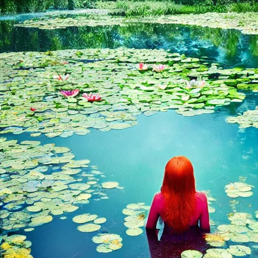 Image similar to A red-haired girl bathes in a lake where water lilies are floating, High definition, detailed,