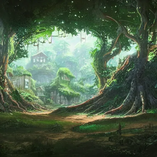 Image similar to concept art painting of a forest with houses made of trees and roots, houses inside trees, vines, deep forest, realistic, detailed, cel shaded, in the style of makoto shinkai and greg rutkowski and james gurney