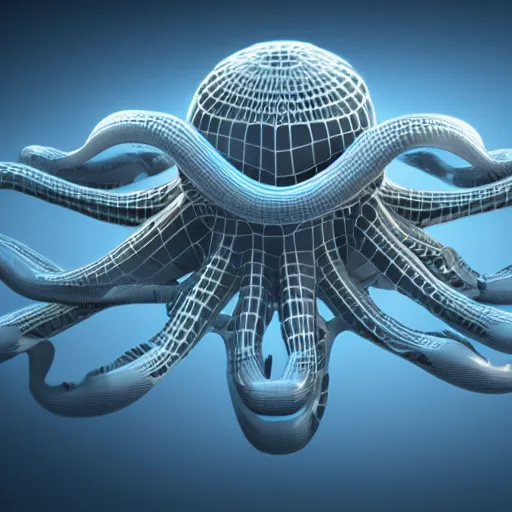 Image similar to complex floating abstract 3 d object in frontal view, ultra rendered extreme realism and detail, 8 k, highly detailed, realistic, pbr, oktane render, biomorphic, symmetrical, looks like a futuristic octopus,