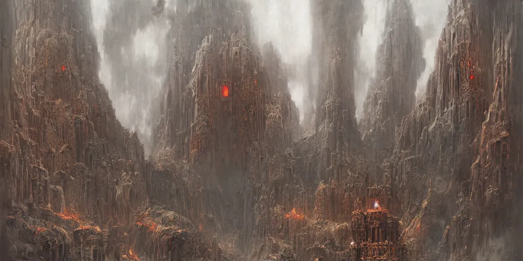 Image similar to balrog sitting in the throne of hell, surrounded by imps, ancient structures, babylon structures, wayne barlowe, beksinski, ruan jia, lord of the ring art, dark soul concept art