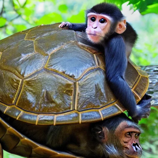 Image similar to a monkey riding on the back of a turtle