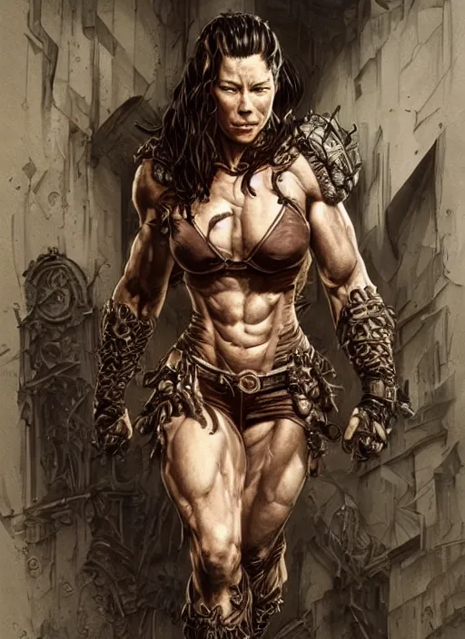 Image similar to very muscled Amazon Evangeline Lilly as a ruggedly mean looking heroine, intricate, elegant, highly detailed, centered, digital painting, artstation, concept art, smooth, sharp focus, illustration, art by artgerm and donato giancola and Joseph Christian Leyendecker, WLOP