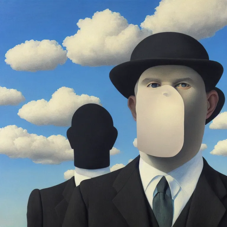 Image similar to portrait of a faceless shadow - head man in a suit, clouds in the background, by rene magritte, detailed painting, distance, middle centered, hd, hq, high resolution, high detail, 4 k, 8 k