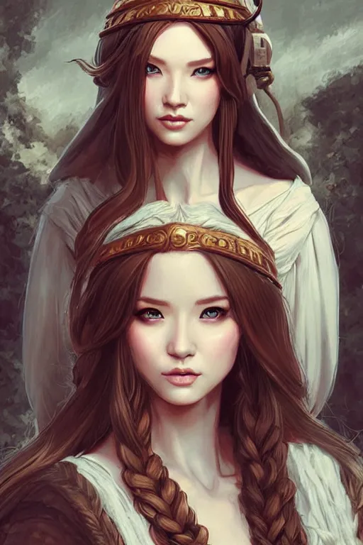 Prompt: lovely medieval maiden with long hair, character portrait, concept art, intricate details, highly detailed photorealistic portrait in the style of adam hughes, seseon yoon, artgerm and warren louw