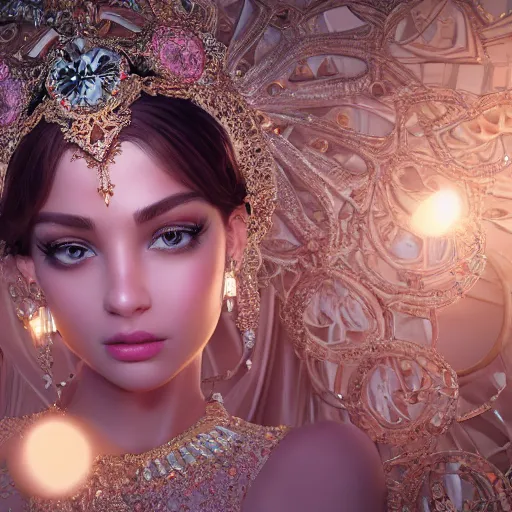 Image similar to portrait of pretty princess with perfect skin, glowing, ornate and intricate diamond jewelry, jaw dropping beauty, ornate and intricate backdrop, white accent lighting, hyper detailed, 4 k octane render