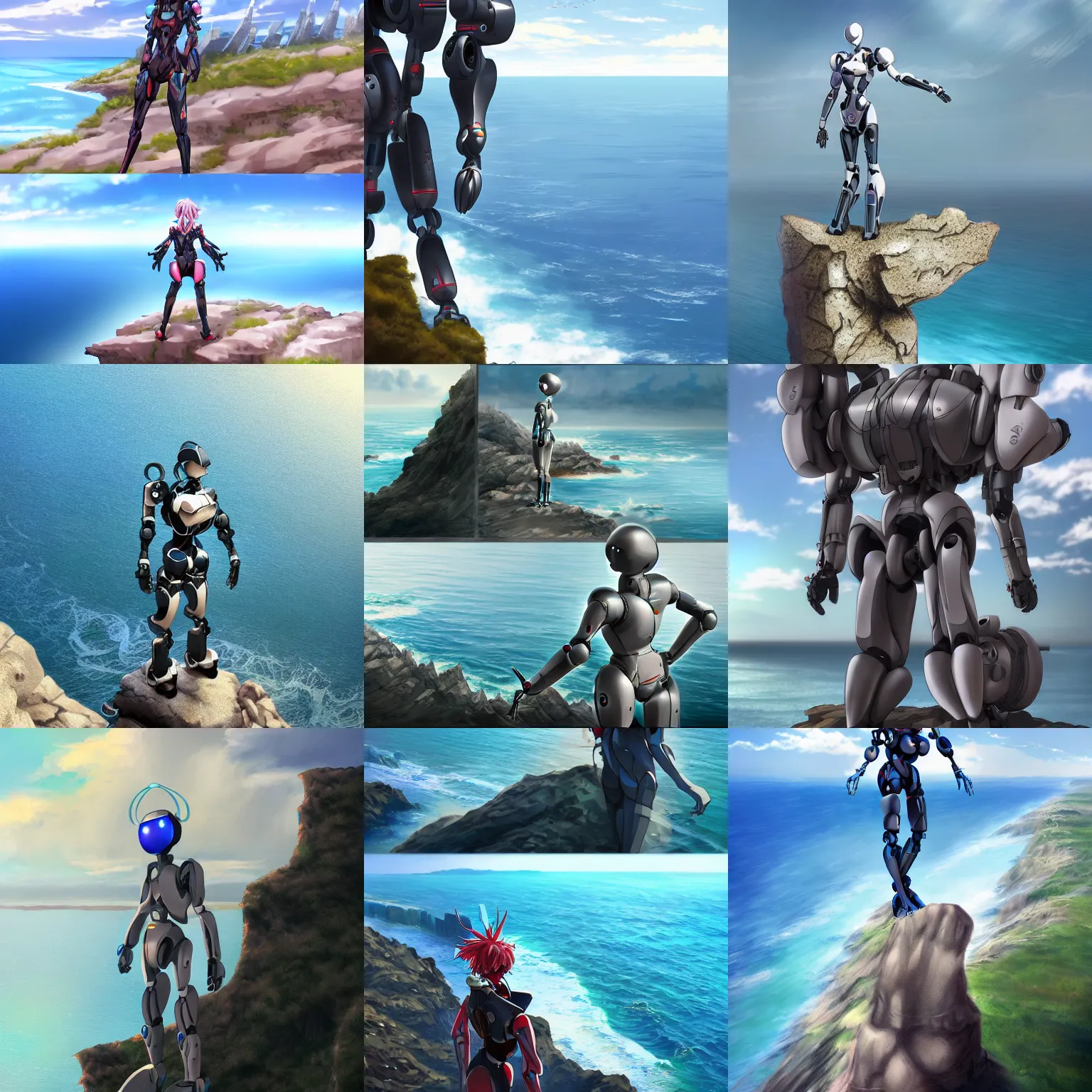 Image similar to ( anime!! humanoid robot ) ( standing on top of a large cliff ) overlooking the sea, anime!! artistic artstation