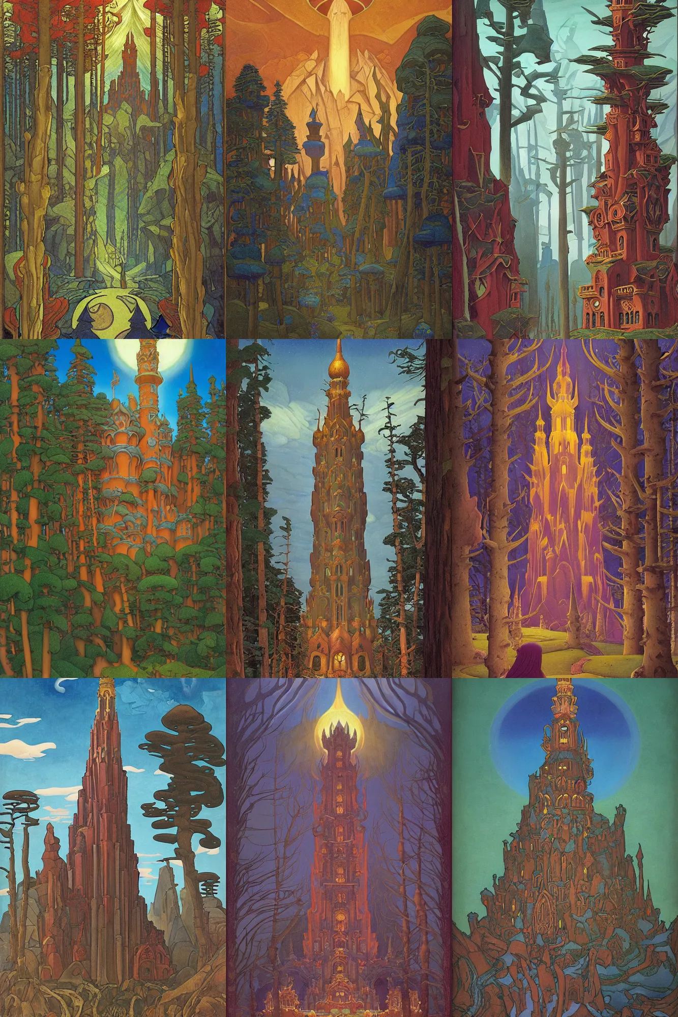 Prompt: enchanted forest tower, dramatic cinematic lighting, carved ornate architecture, rich colors, by Nicholas Roerich and William Dyce and ford madox brown and April Gornik and Caspar David Friedrich and Diego Rivera and Tyler Edlin and (((Ivan Bilibin)))