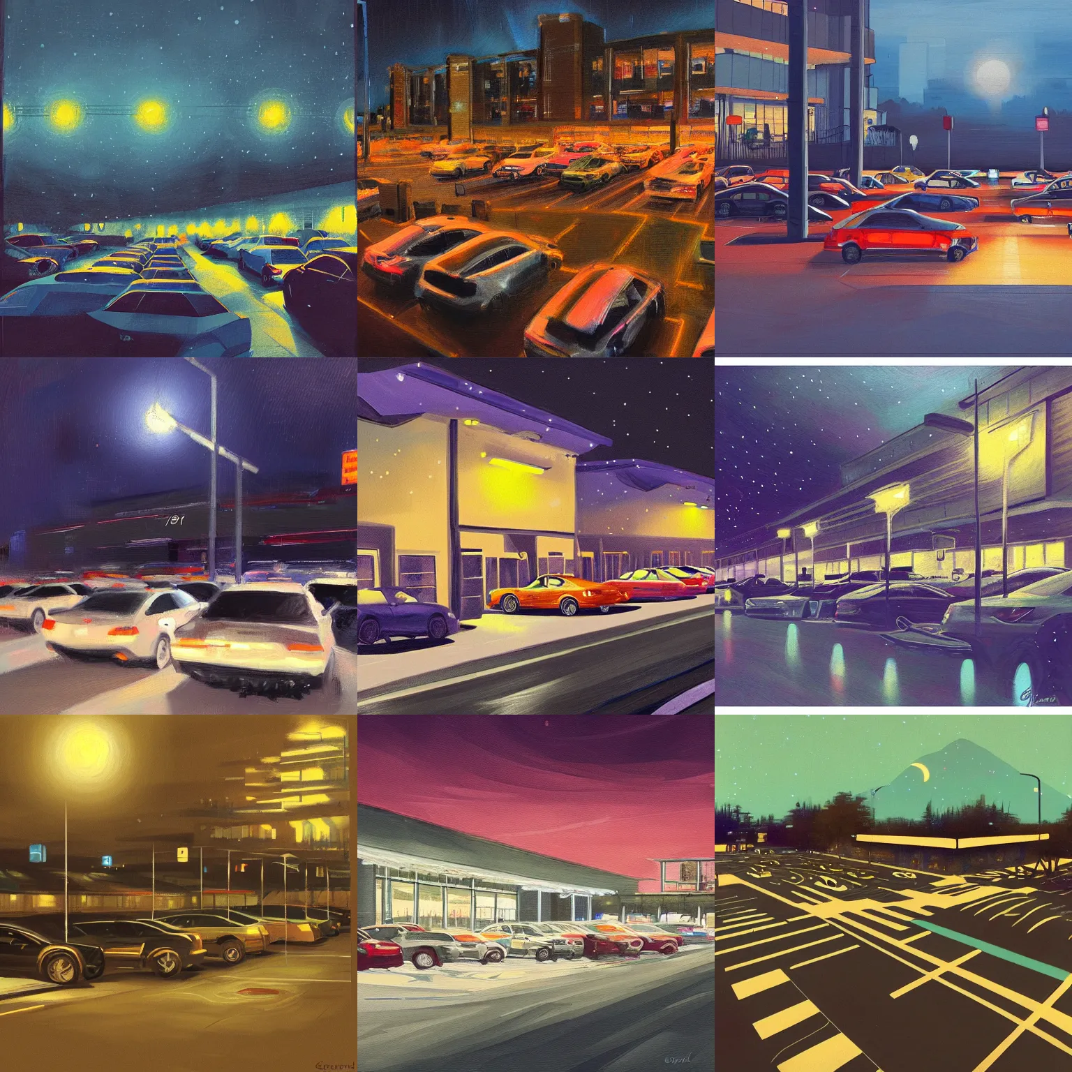 Prompt: a beautiful artwork of a parking lot at night by Greg Girard featured on artstation