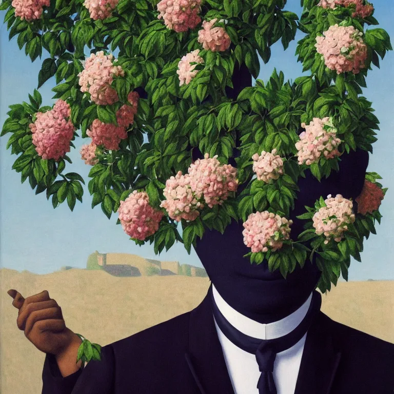 Image similar to portrait of a man, face hidden by beautiful flowers, by rene magritte, detailed painting, hd, hq, high resolution, high detail, 4 k, 8 k