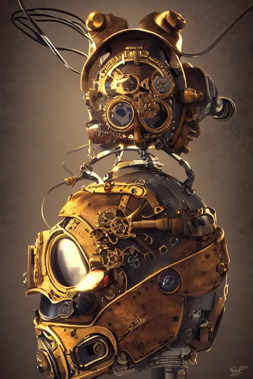 Image similar to steampunk mask minimalist fantasy art robot ninja helmet, global illumination ray tracing hdr fanart arstation by sung choi and eric pfeiffer and gabriel garza and casper konefal radiating a glowing aura