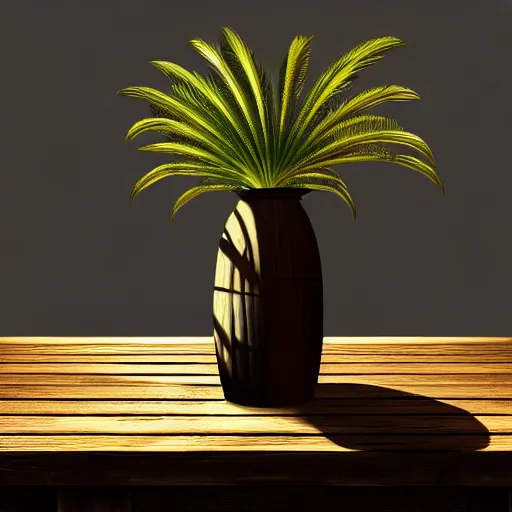 Image similar to a large vase with palms on top of a antique wooden table, vegetables on table and candle, medieval concept art, cinematic lightning and colors, vray tracing, rendered in unreal engine, dark lightning, contrast shadows, super detailed, 8 k