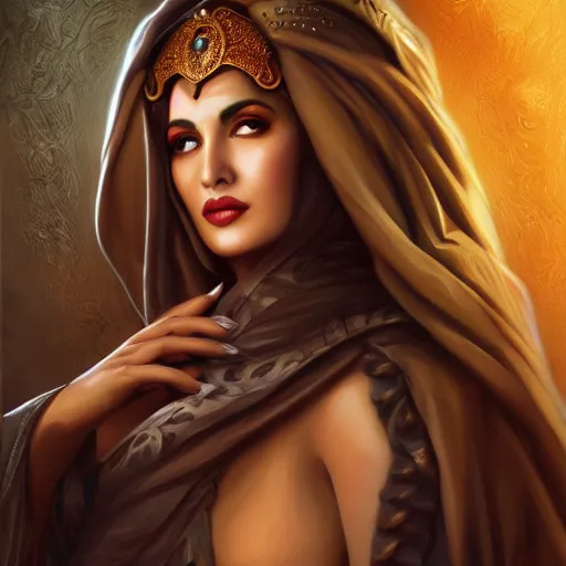 Image similar to a detailed fantasy character portrait of faten hamama as goddess of noir films by lauri blank, artgerm, evelyn de morgan, 8K, 50mm lens