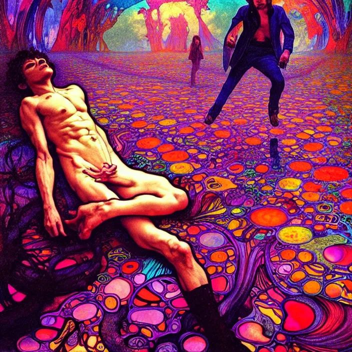 Prompt: bright psychedelic photo of SYD BARRET tripping on lsd, diffuse lighting, fantasy, intricate, elegant, highly detailed, lifelike, photorealistic, digital painting, artstation, illustration, concept art, smooth, sharp focus, art by John Collier and Albert Aublet and Krenz Cushart and Artem Demura and Alphonse Mucha