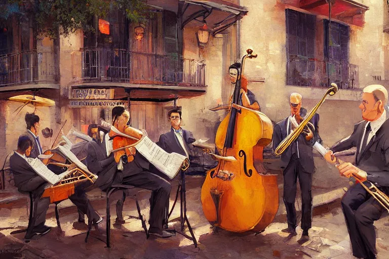 Image similar to a painting of a group of men playing instruments, a jazz band in new orleans, by rossdraws, wlop, greg rutkowski, ghibli