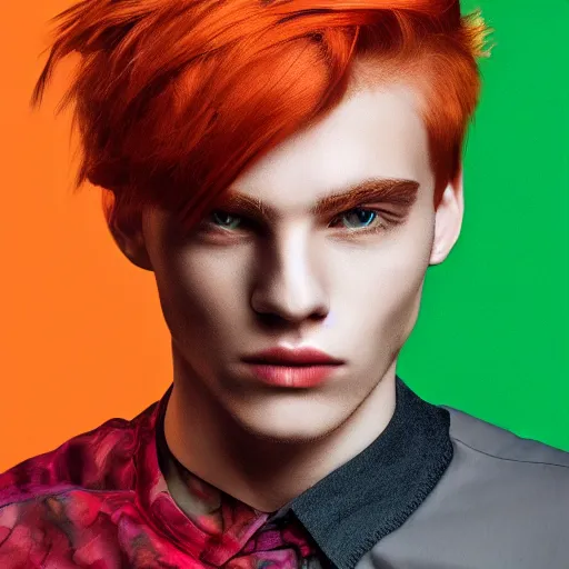 Image similar to digital art of a stylish young man with red hair and green cat - like eyes, popular, famous, attractive, high quality, highly detailed, hd, 4 k, 8 k,