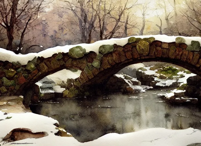 Image similar to watercolor of rustic stone bridge with mural, ivy, in winter landscape, glistering, high detailed art by dennis miller bunker, work by anders zorn, wonderful masterpiece by greg rutkowski, beautiful cinematic light, american romanticism by greg manchess, creation by tyler edlin