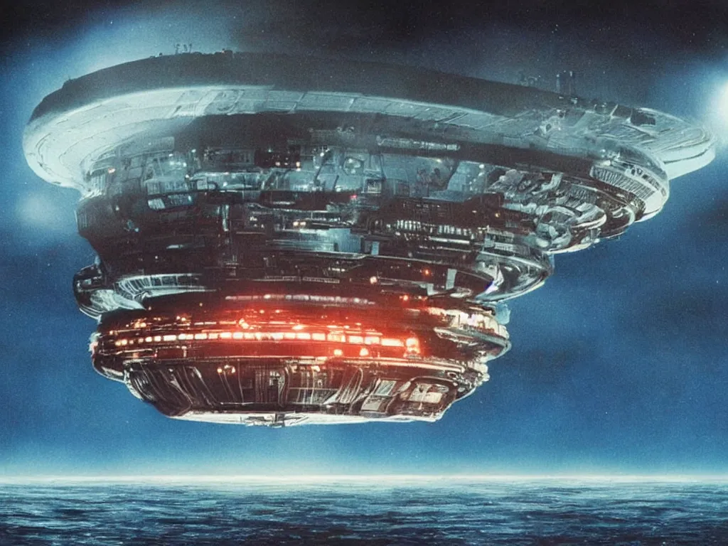 Prompt: a spectacular view of the mothership from close encounters of the third kind hovering over the sea at night, cinematic, hyperrealism, science fiction, beautiful, 7 0 mm