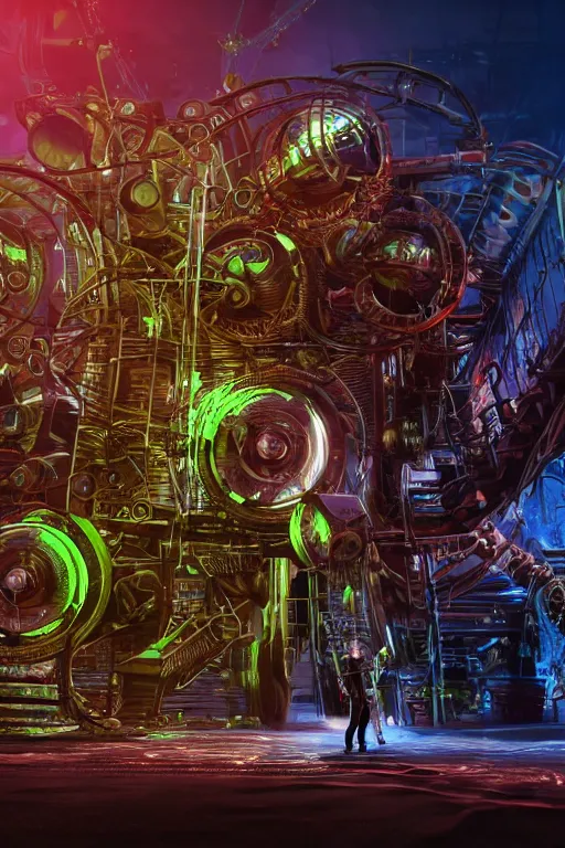 Prompt: a band shirt, bandname is tripmachine, tourname is invasion of the tripmachines, realistic digital art, 3 d render of two huge futuristic steampunk generators inside a huge steampunk engine, 8 k, fluorescent colors, halluzinogenic, multicolored, exaggerated detailed, unreal engine