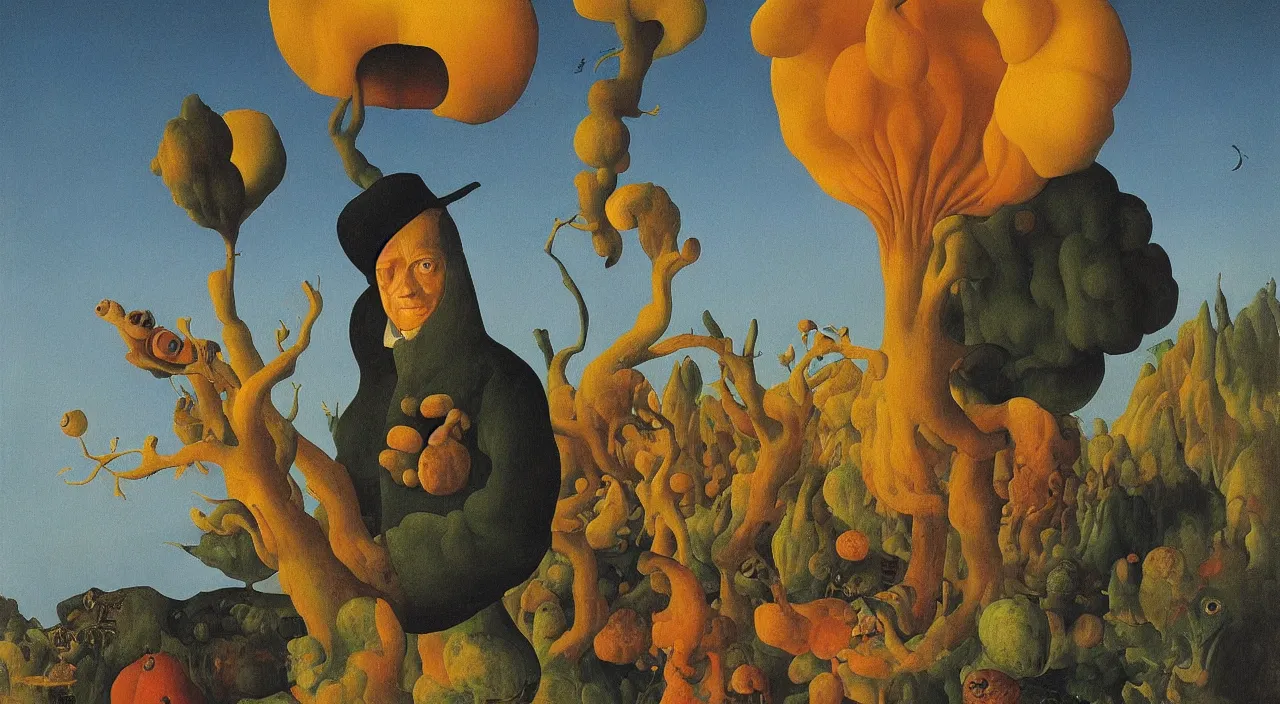 Prompt: portrait of a surreal fungus man. painting by jan van eyck, audubon, rene magritte, agnes pelton, max ernst, walton ford, high contrast!!, dark shadows, sunny day, hard lighting, masterpiece