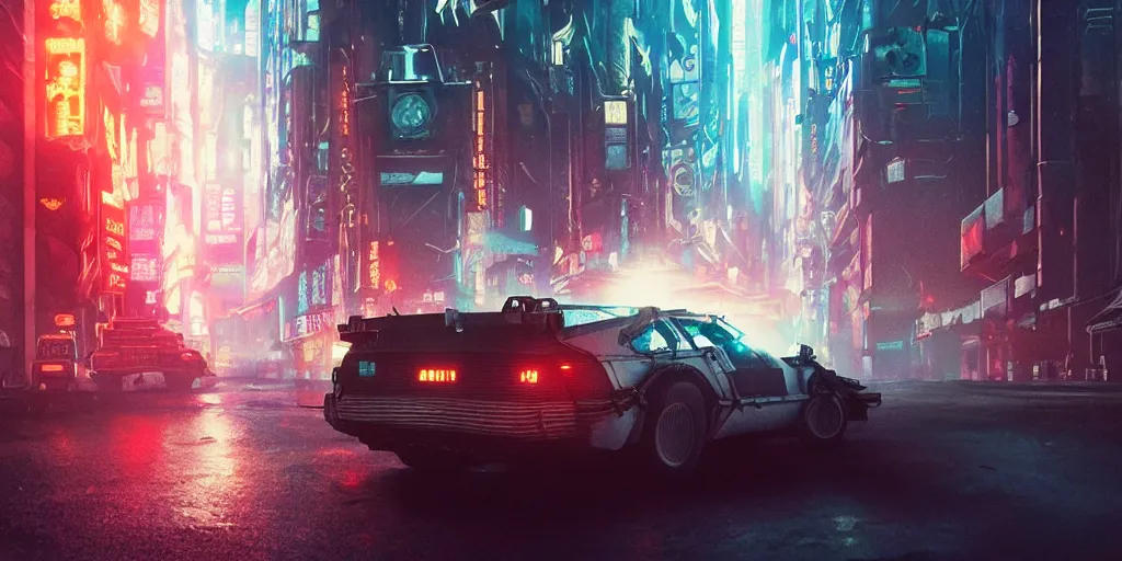 Image similar to back to the future and blade runner remake pixel, Moebius, Greg Rutkowski, Zabrocki, Karlkka, Jayison Devadas, Phuoc Quan, trending on Artstation, 8K, ultra wide angle, zenith view, cyberpunk pincushion lens effect