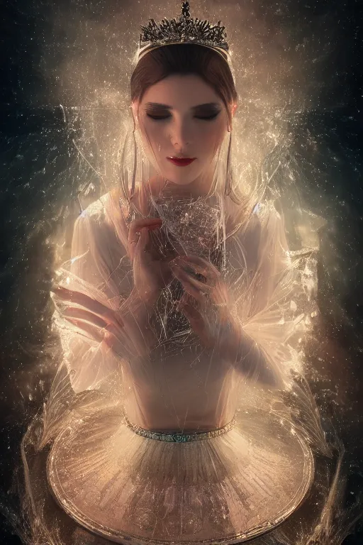 Image similar to Atmospheric detailed photography of a beautiful magician , wearing crystal fractal tiara, Symmetrical composition, fantasy long intricate gown, sharp focus, octane render, high quality, 8k, volumetric lighting, color grading, by Tom Bagshaw and James Jean and Artgerm