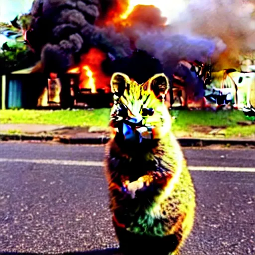 Image similar to a quokka laughing while a house is on fire in the background