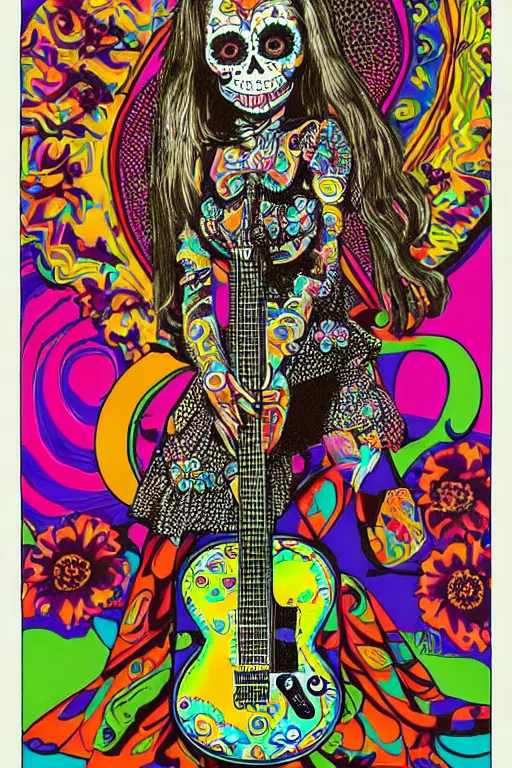 Image similar to realistic detailed psychedelic poster art of a cute Día de los Muertos girl playing electric guitar by Victor Moscoso Rick Griffin Art Noveau, masterpiece