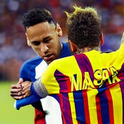 Image similar to neymar caressing messi's hair
