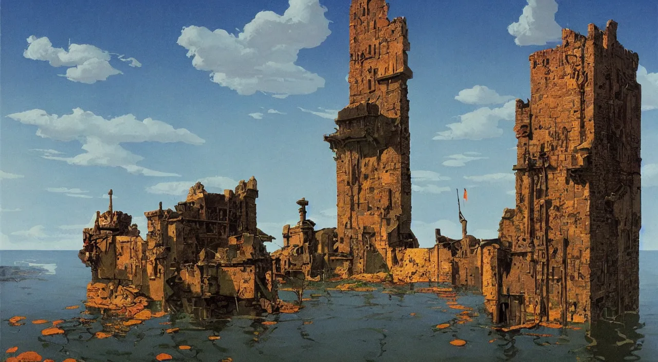 Prompt: flooded ancient tower, very coherent high contrast!! painting by stalenhag spitzweg magritte syd mead norman rockwell edward hopper james gilleard, dark shadows, sunny day, triadic color scheme, hard lighting, masterpiece