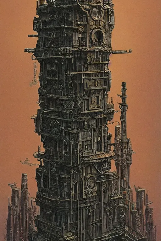 Image similar to steampunk tower by ralph mcquarrie and frank lloyd frank lloyd and bruce pennington and ted nasmith