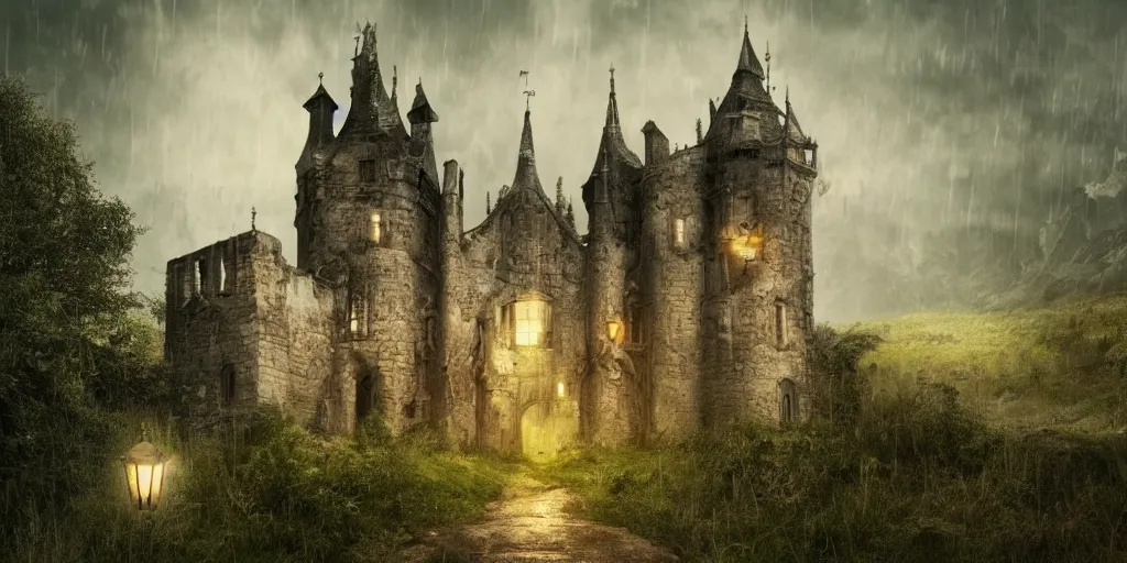 Image similar to matte painting, castle, dramatic landscape, overgrown, cinematic, overcast, lantern light, rain