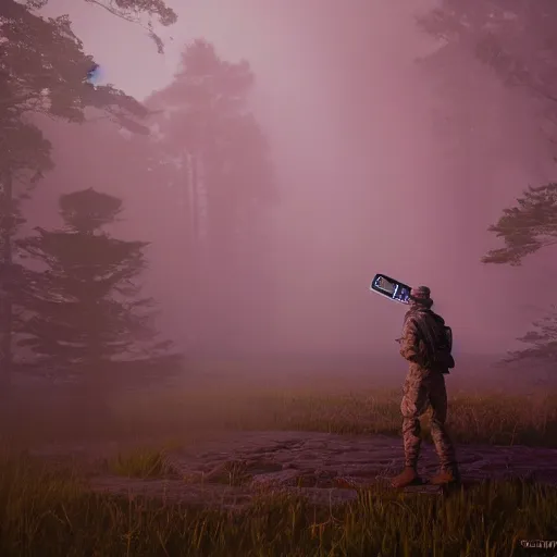 Image similar to a photo of soldier stand across huge alien arachnoid bug, old road in the forest lomography photo, playstation 5 screenshot, fine details, rain, rtx reflections, fog, night, photorealistic, unreal engine, octane render, volumetric light, featured on cg society, 4 k, 5 0 mm bokeh