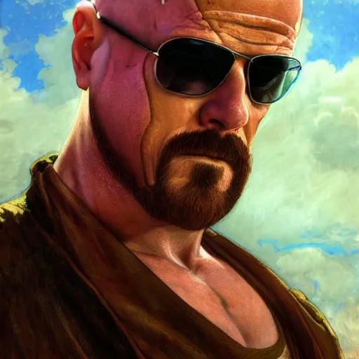 Image similar to Heisenberg as Kratos, highly detailed, digital painting, artstation, concept art, smooth, sharp focus, illustration, ArtStation, art by artgerm and greg rutkowski and alphonse mucha and J. C. Leyendecker and Edmund Blair Leighton and Katsuhiro Otomo and Geof Darrow and Phil hale and Ashley wood and Ilya repin and Charlie Bowater