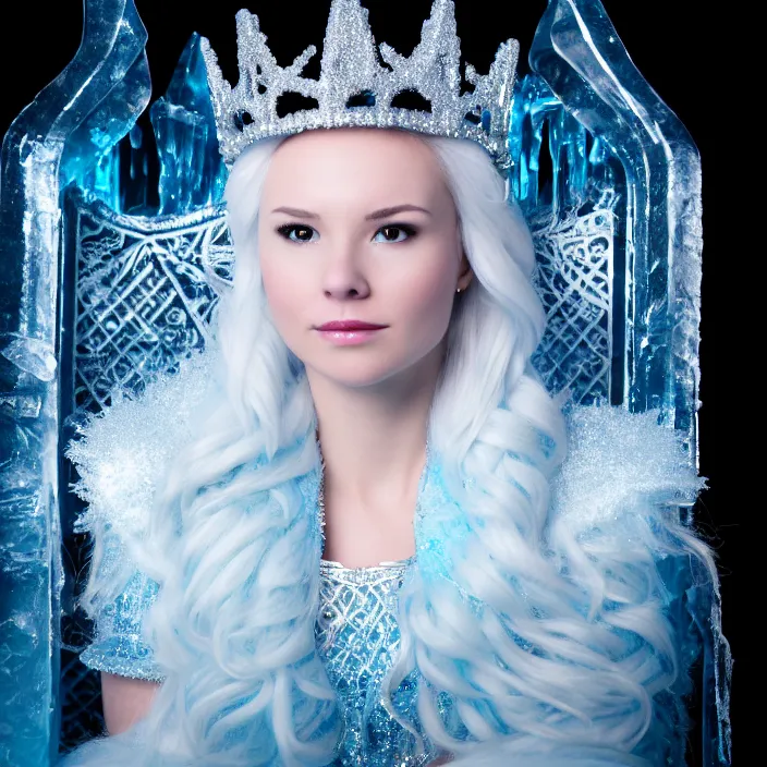 Prompt: professional photograph of a beautiful!! ice queen with intricate crown and cloak, sitting on an icy throne. Extremely detailed. 8k