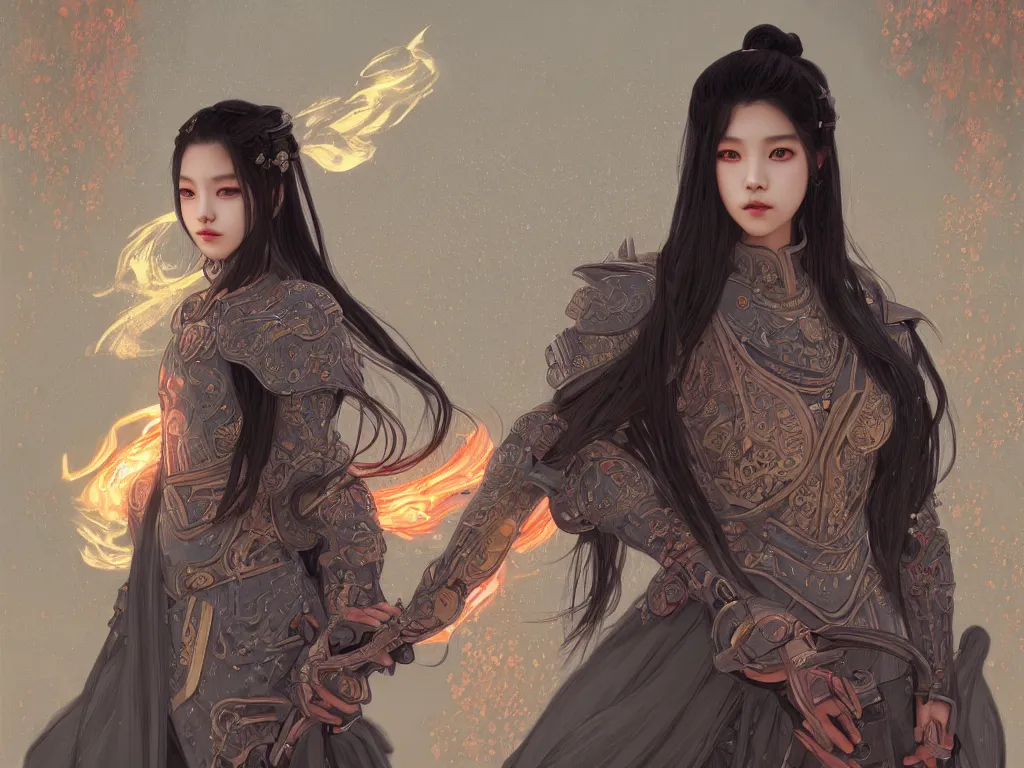 Image similar to portrait jisoo blackpink, grey hair armored samurai clothes, in fire japanese temple wet night, ssci - fi and fantasy, intricate and very very beautiful and elegant, digital painting, artstation, concept art, smooth and sharp focus, illustration, art by tian zi and wlop and alphonse mucha