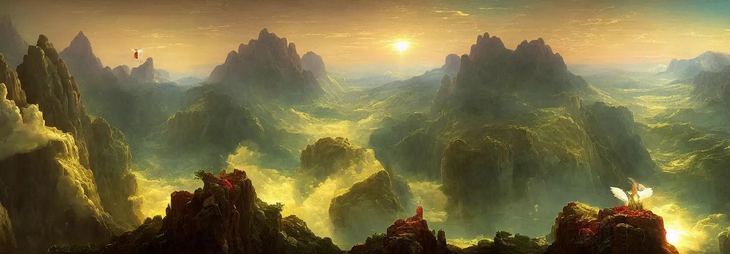 Prompt: Icarus with his wings on fire crashed and burned on the side of a mountain while Daedalus bows his head in disbelief from his workshop in the mountains below. in the style of a surreal and awe-inspiring thomas cole and albert Bierstadt digital art panorama landscape painting at sunset. unreal engine, 4k, matte, exquisite detail