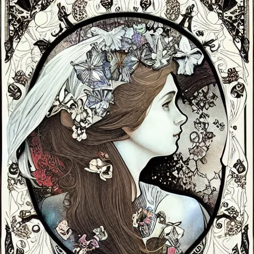 Image similar to Alice in Wonderland,Diamonds Blaze,Rose twining,out of time and space,dreamy, eternity, romantic,highly detailed,in the style of Alphonse Maria Mucha, highly detailed,night lighting