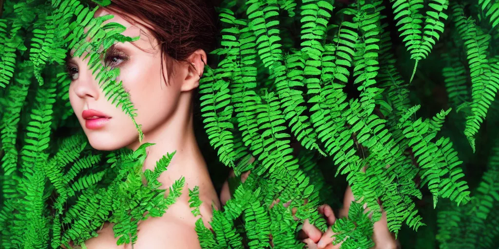 Prompt: beautiful female body intertwined with deep green fern leaves! , no head, no face, tiny vibrant butterflies sitting on shoulders, beautiful moist skin, shimmering light, moonlight, soft lighting, mysterious atmosphere, close up